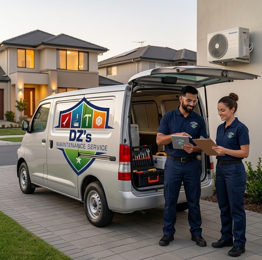 DZ's Maintenance Service branded van and two technicians in navy polos outside a Dubai home