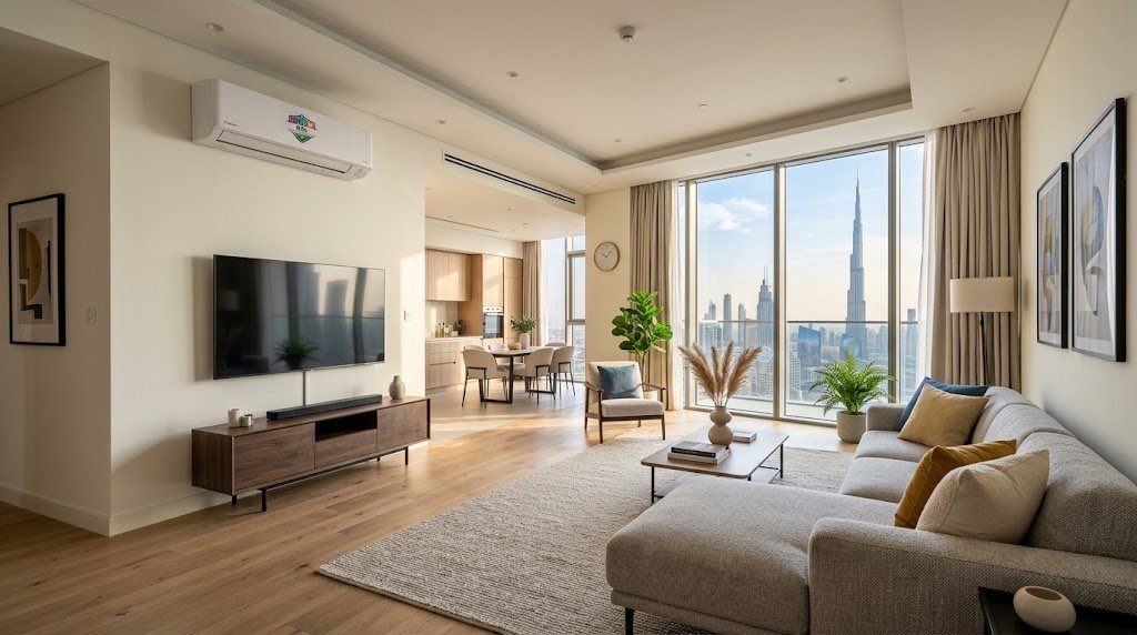 Bright, well-maintained Dubai apartment with a wall-mounted split AC unit and a view of the city skyline