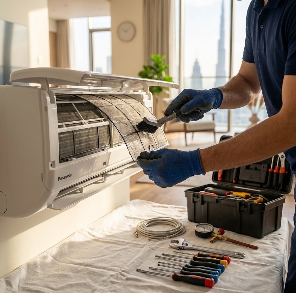 Technician servicing a wall-mounted split AC unit