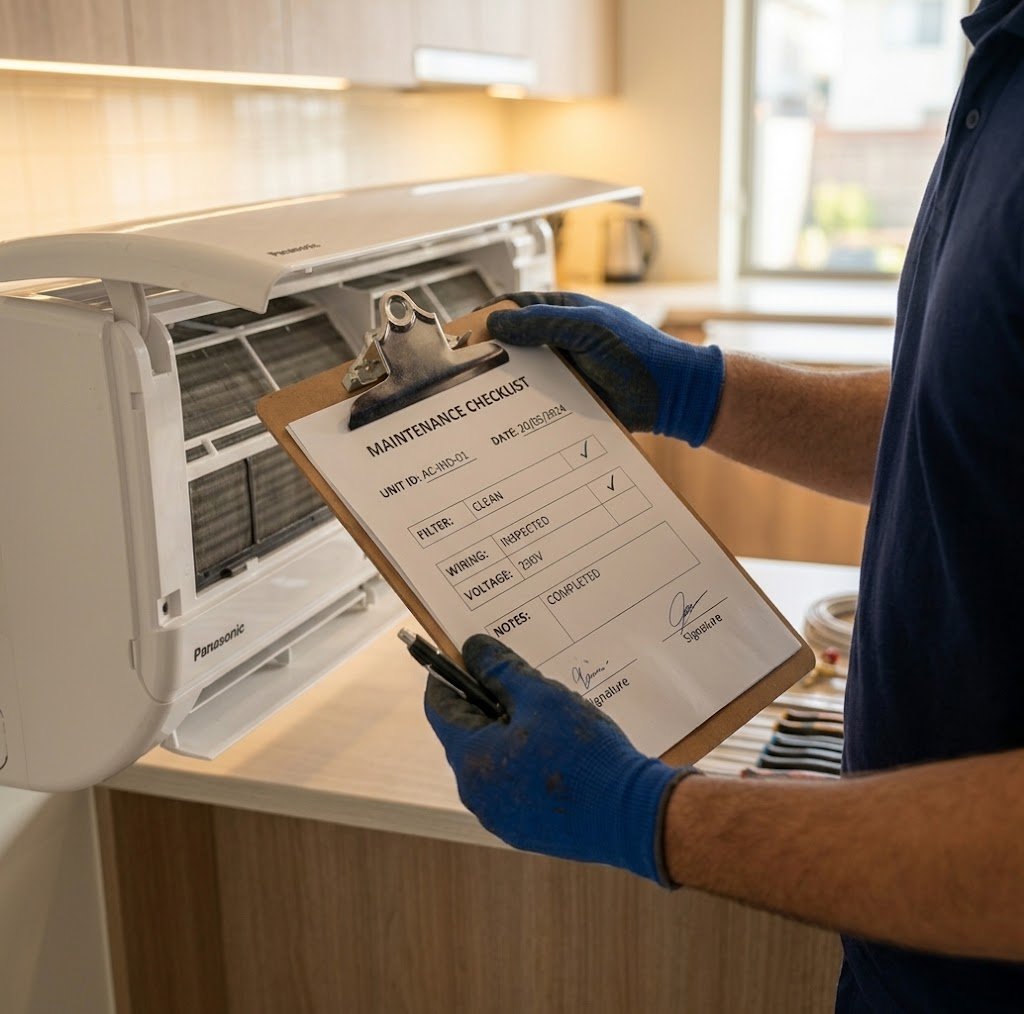 Maintenance checklist on a clipboard beside a serviced AC unit