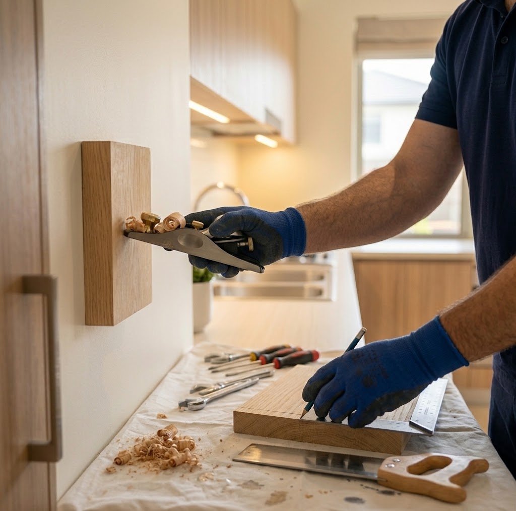 Technician hand-planing a timber panel in a kitchen