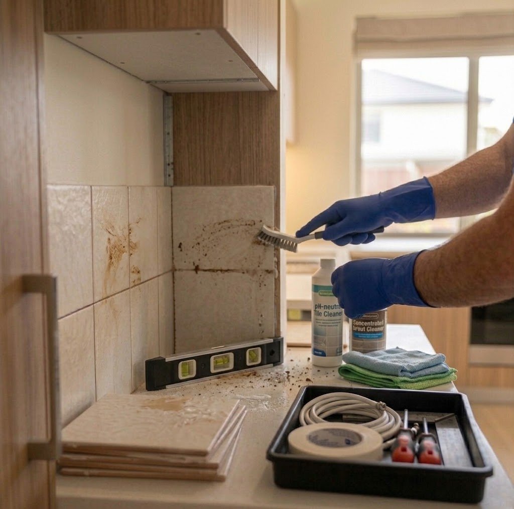 Gloved hands scrubbing a stained tiled wall with a detail brush