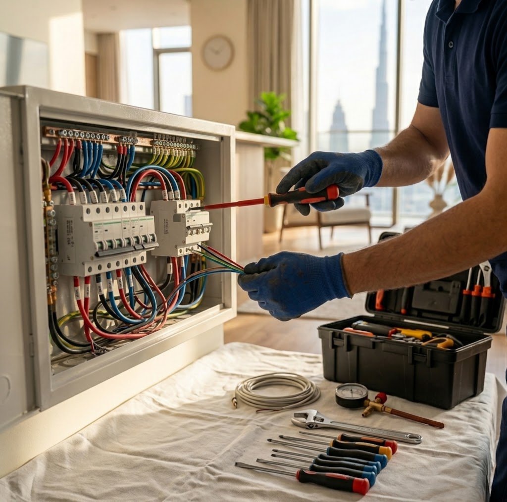 Electrician working inside an open distribution board