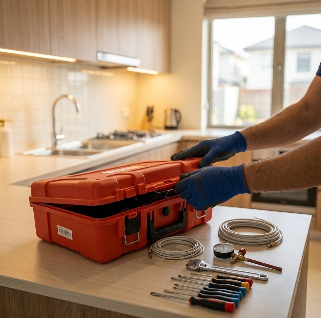 Organised toolbox open on a kitchen counter