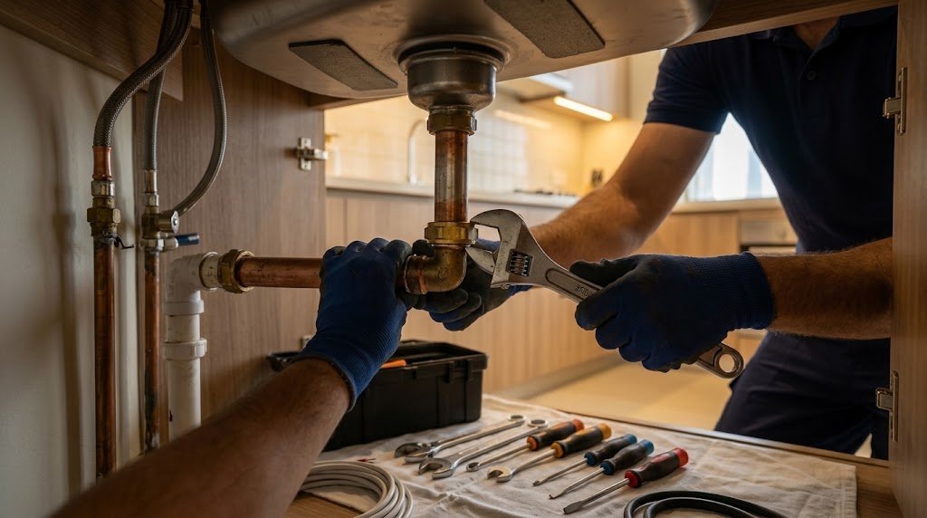 Hands fixing a pipe fitting under a kitchen sink