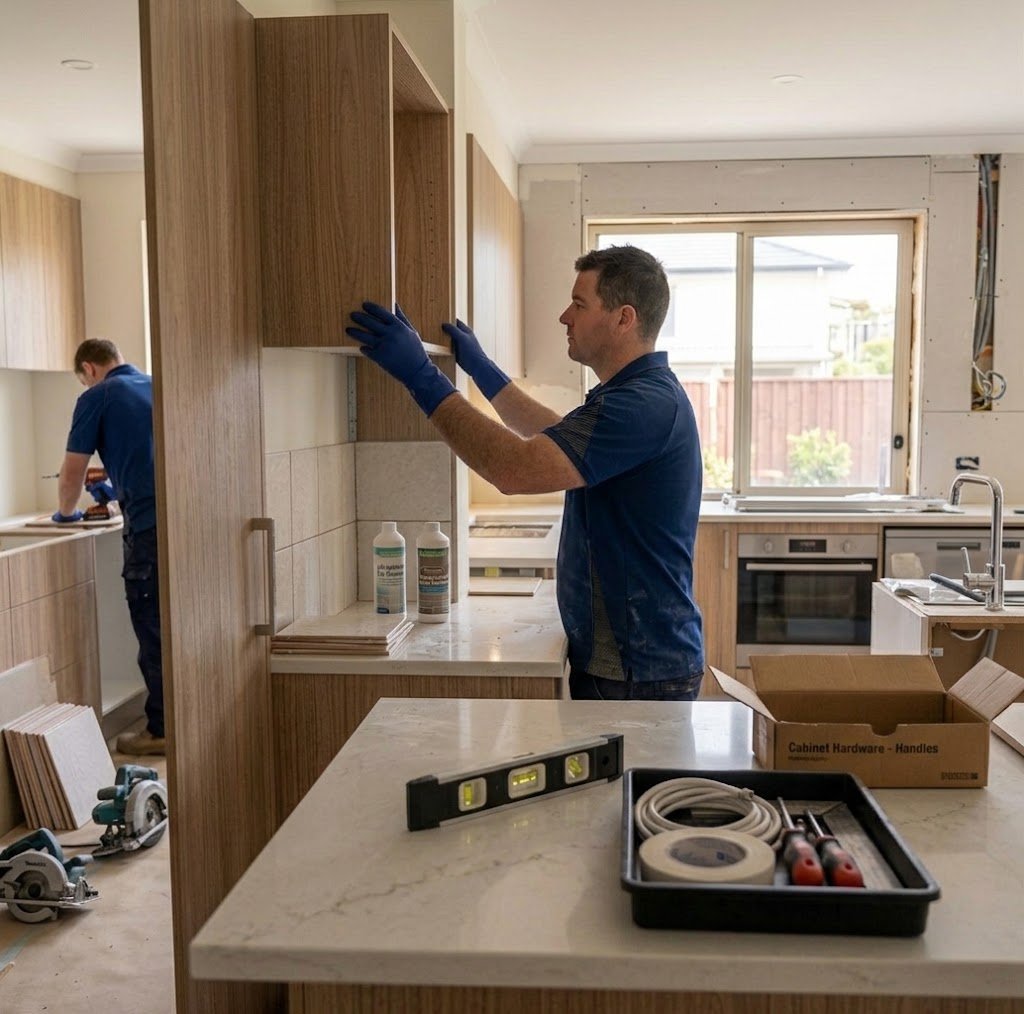 Two technicians in navy polos fitting kitchen cabinets mid-renovation