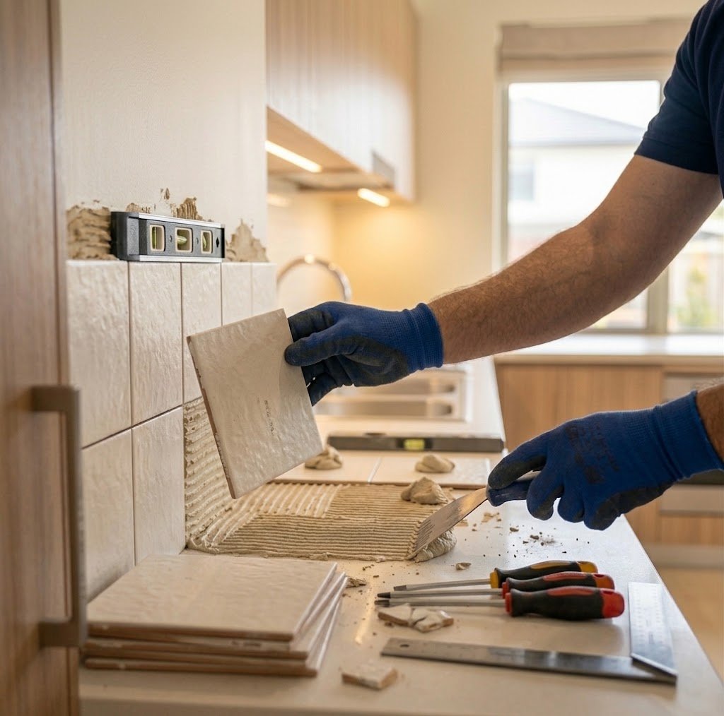 Technician setting a wall tile onto notched adhesive